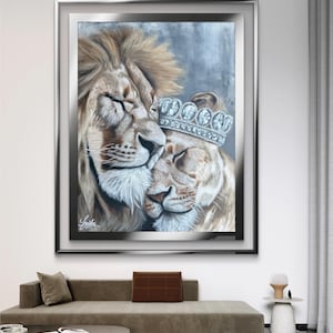 Mahaba | Lion and Lioness Wall Art | King and Queen Painting | African Wildlife Love Artwork | Crowned Lion Couple Canvas