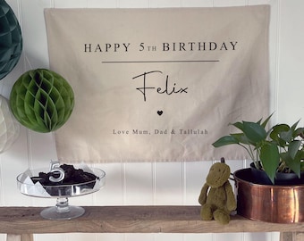 Personalised Birthday Banner with Heart & From Message, Custom Birthday Name Flag, Birthday Banner, Fabric Birthday Sign with Eyelets