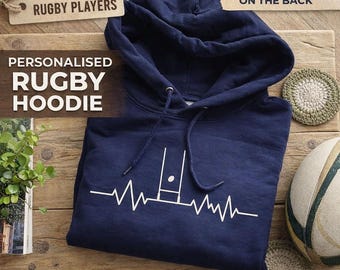 Rugby Hoodie, Rugby Post Heartbeat Personalised Back Name, Rugby Hoody