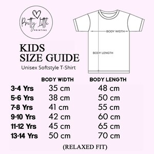 May include: Kids' size guide for unisex softstyle t-shirts. The chart shows body width and length measurements in centimeters for sizes 3-4 years to 13-14 years.