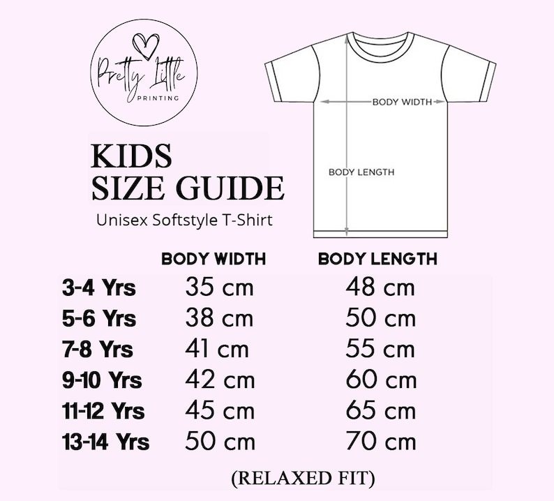 May include: Kids' size guide for unisex softstyle t-shirts. The chart shows body width and length measurements in centimeters for sizes 3-4 years to 13-14 years.