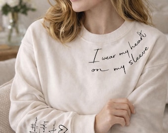 I Wear Heart on My Sleeve Sweatshirt Personalised Kids Names on Sleeve Mum Sweater, Gift for Mum, Mothers Day, Mums Sweatshirt Heart Hoodie