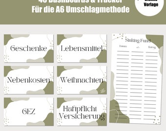 Dashboard Budgeting A6, cover sheets A6 Cash Stuffing German, digital DOWNLOAD, envelope method for saving, budget planner,