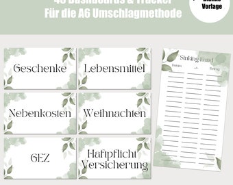 Dashboard Budgeting A6, cover sheets A6 Cash Stuffing German, digital DOWNLOAD, envelope method for saving, budget planner,