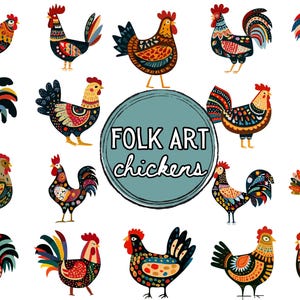 Clipart poulet | Ensemble de poulet PNG d'art folklorique | Usage commercial et bricolage
