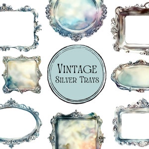 May include: A set of eight vintage silver trays with ornate, detailed frames. The trays are in various shapes, including round, oval, and rectangular. The trays are painted in a watercolor style with a light blue background and silver accents.