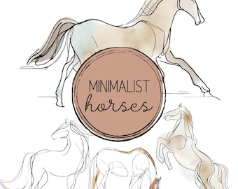 May include: A digital illustration of four minimalist horses in black line art with watercolour washes. The horses are in various poses, including running, standing, and rearing. The text "MINIMALIST horses" is in a circle in the centre of the image.