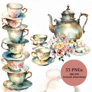 Vintage Tea Clipart Bundle – Watercolor Teacup & Teapot PNGs for Tea Party Invitations