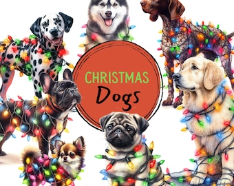 May include: Seven dogs of different breeds are decorated with colorful Christmas lights. The dogs are all smiling and looking at the camera. The text "CHRISTMAS Dogs" is written in a circle in the center of the image.