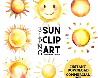 Watercolor Sun Clipart: 31 PNG Images, Commercial Use (Digital Download)