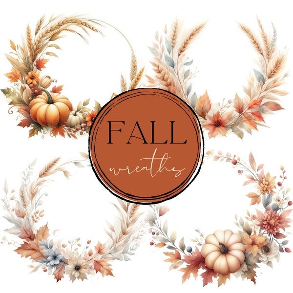 Commercial Use Watercolor Fall Wreaths- 11 Autumn Thanksgiving PNG Set