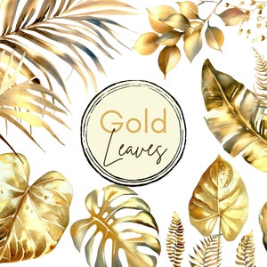 Lot de cliparts feuille d'or | Aquarelle de 60 cliparts de feuilles en or | Usage commercial et bricolage