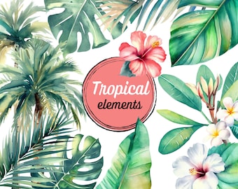 Tropical Leaves and Plants Clipart Bundle | Vibrant Hibiscus, Palm Elements (Commercial Use)