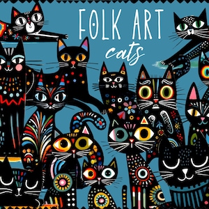 Katze Clipart | Wunderliche Volkskunst Katze PNG Bundle | Kommerzielle Nutzung & DIY