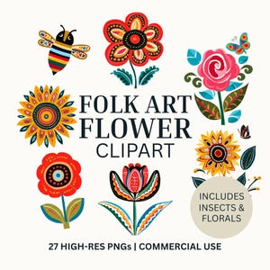 Clipart de fleurs d'art populaire PNG - 27 illustrations florales et d'insectes à usage commercial - aquarelle florale scandinave mexicaine suédoise
