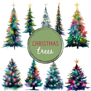 Clipart di Natale / Pacchetto PNG di alberi di Natale ad acquerello / Uso commerciale e fai da te