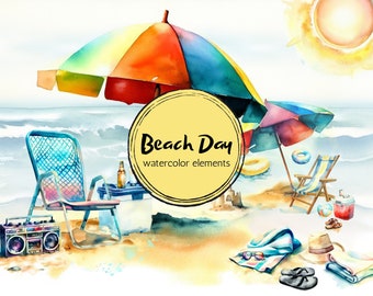 Beach Clipart | Watercolor Beach PNG Bundle | Commercial Use & DIY
