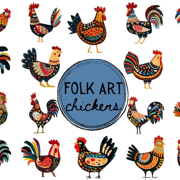 Commercial Use Chicken Clipart, Chicken Folk Art Clipart, Chicken Country, Chicken Commercial Use