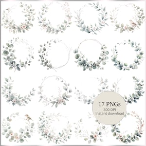Eukalyptus Kranz Clipart PNG - 17-teiliges Paket | Kommerzielle Nutzung, sofortiger Download für Hochzeitseinladungen & Logos