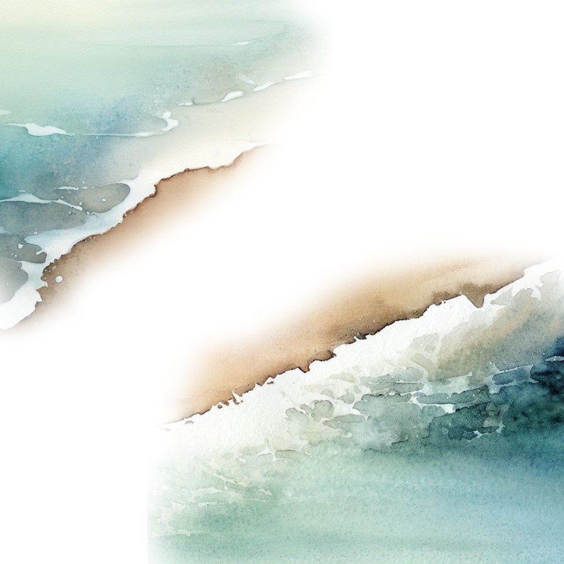 K&ouml;nnte beinhalten: Abstrakte Aquarellmalerei von Ozeanwellen, die an einem Sandstrand brechen. Das Gem&auml;lde zeigt Farbt&ouml;ne von Blau, Gr&uuml;n und Braun.