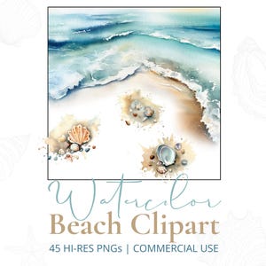 Paquete de imágenes prediseñadas de playa en acuarela: 45 PNG costeros para uso comercial: conchas, fondos oceánicos, espuma de mar y arte lineal.