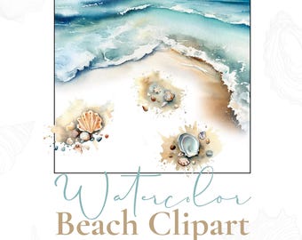 Watercolor Beach Clipart Bundle – 45 Coastal PNGs for Commercial Use | Seashells, Ocean Backgrounds, Seafoam, Line Art