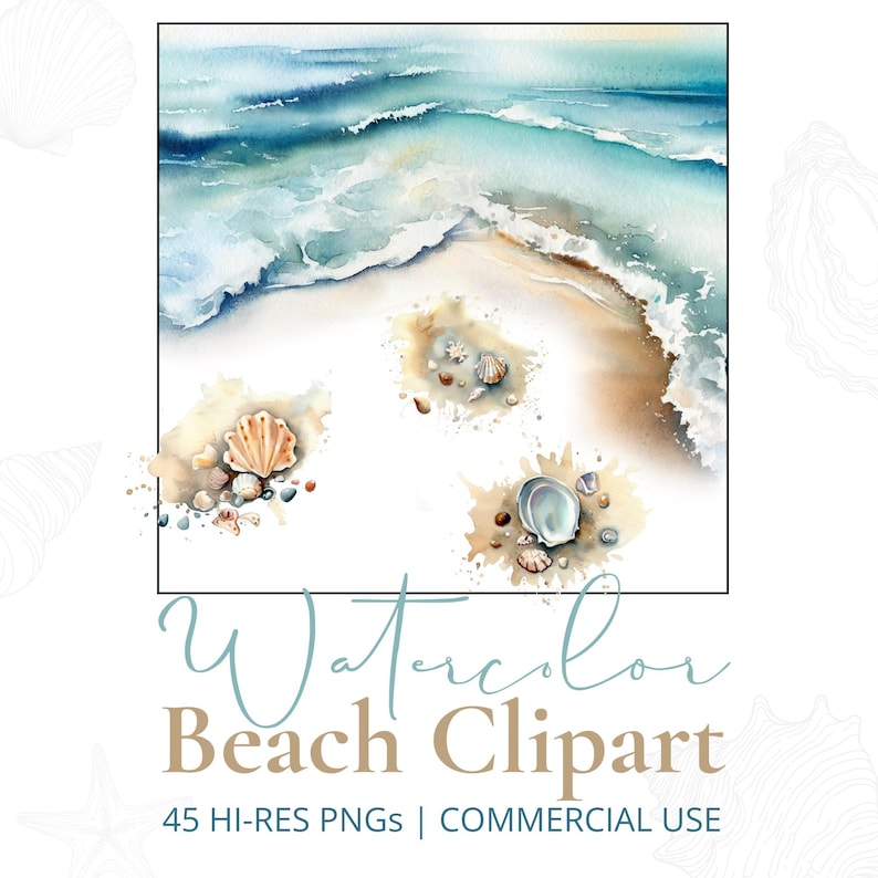 Aquarell Strand Clipart-Bundle: Küsten PNGs, Muscheln und Strichzeichnungen (kommerzielle Nutzung) Bild 1