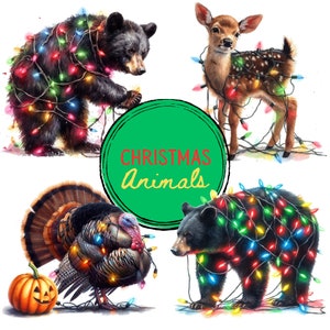 Clipart de animales navideños / Paquete de imágenes prediseñadas de animales navideños / Luces navideñas de colores y animales del bosque, lindas y divertidas, para uso comercial