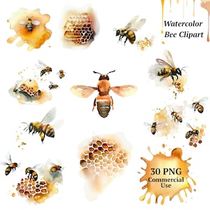Pacote de Clipart de Abelha em Aquarela | Abelha em PNG | Uso Comercial para Impressão sob Demanda e Embalagem