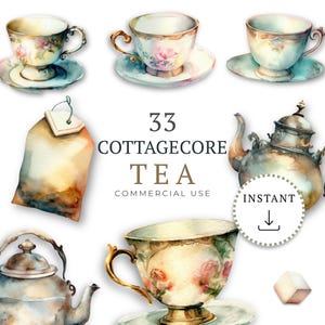 Cottagecore Watercolor Teacup Clipart Bundle | Vintage Floral Tea Graphics (33 PNGs)