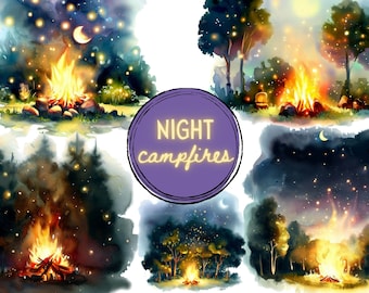 Night Campfire Clipart PNG Set – 14 Forest and Camping Digital Graphics