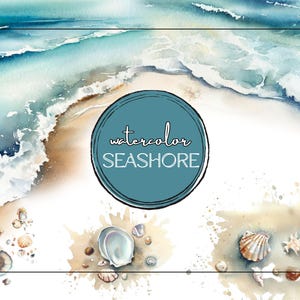 K&ouml;nnte beinhalten: Aquarellmalerei eines mit Muscheln &uuml;bers&auml;ten Strandes mit einer t&uuml;rkisfarbenen Welle, die an das Ufer kracht. Der Text "watercolor SEASHORE" ist in einem Kreis in der Mitte des Bildes geschrieben.
