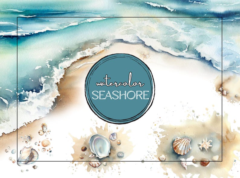 K&ouml;nnte beinhalten: Aquarellmalerei eines mit Muscheln &uuml;bers&auml;ten Strandes mit einer t&uuml;rkisfarbenen Welle, die an das Ufer kracht. Der Text "watercolor SEASHORE" ist in einem Kreis in der Mitte des Bildes geschrieben.