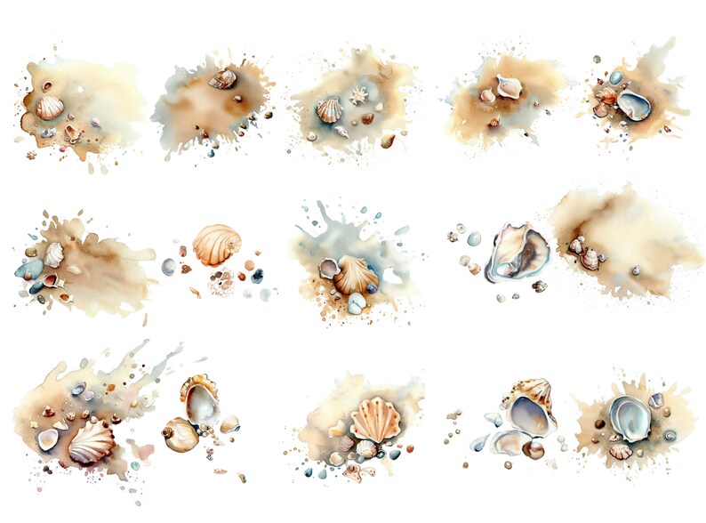 K&ouml;nnte beinhalten: Zw&ouml;lf Aquarell-Illustrationen von Muscheln auf sandigem Hintergrund mit braunen und blauen Aquarell-Spritzen. Die Muscheln sind in verschiedenen Formen und Gr&ouml;&szlig;en, einige offen und einige geschlossen.