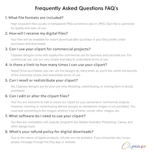 以下が含まれることがあります： 白い背景に「Frequently Asked Questions FAQ's」の文字と、デジタルクリップアートに関する番号付きの質問が表示されています。質問には、ファイル形式、ダウンロード、商用利用、払い戻しポリシーなどが含まれます。Clipeaseのロゴが右下にあります。