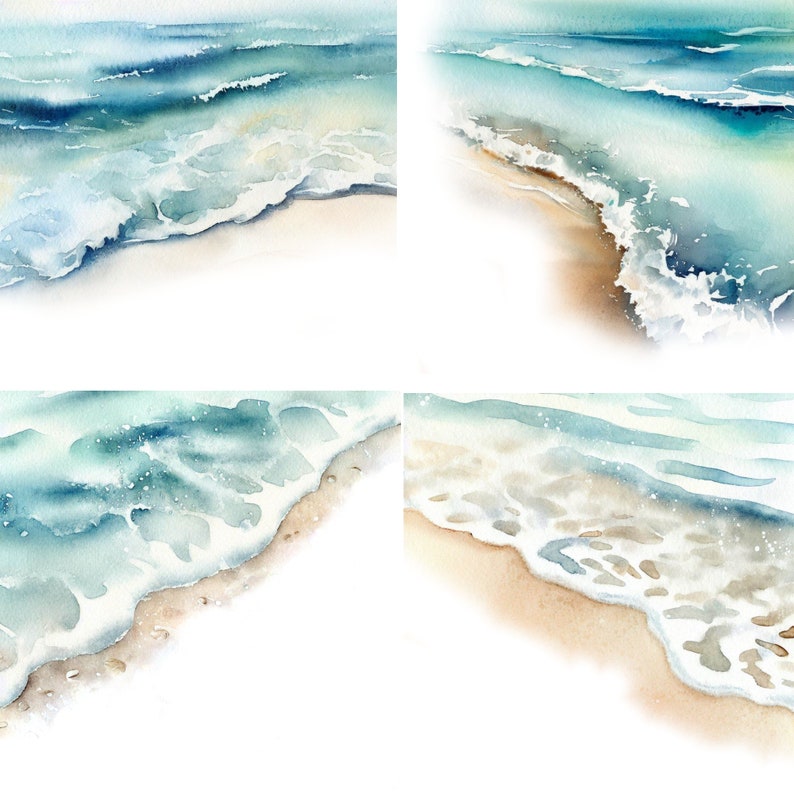 K&ouml;nnte beinhalten: Vier Aquarelle von Ozeanwellen, die an einem Sandstrand brechen. Das Wasser ist hellblau und gr&uuml;n, der Sand ist hellbraun.