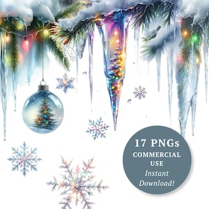 Clipart aquarelle lumières de Noël - glaçons et flocons de neige avec lumières - PNG pour les fêtes, cartes, étiquettes, POD et travaux manuels d'hiver