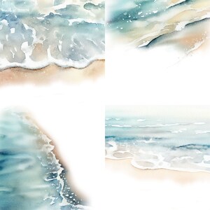 K&ouml;nnte beinhalten: Aquarellmalerei von Ozeanwellen, die an einem Sandstrand brechen. Das Gem&auml;lde ist in vier Abschnitte unterteilt, die jeweils eine andere Ansicht der Wellen und des Sandes zeigen.