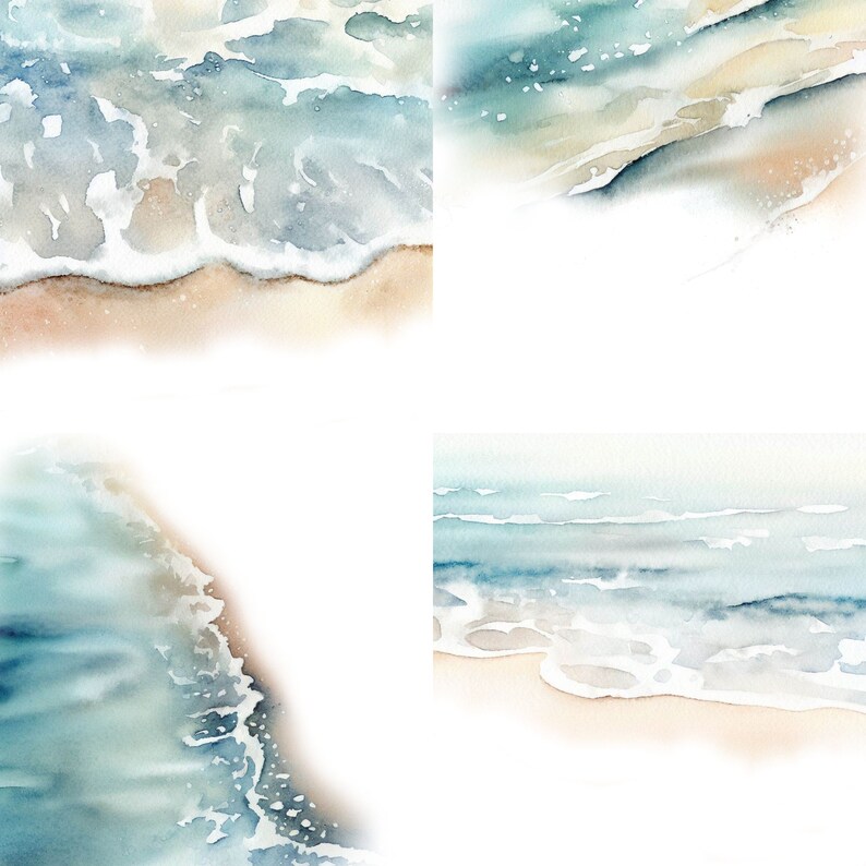 K&ouml;nnte beinhalten: Aquarellmalerei von Ozeanwellen, die an einem Sandstrand brechen. Das Gem&auml;lde ist in vier Abschnitte unterteilt, die jeweils eine andere Ansicht der Wellen und des Sandes zeigen.