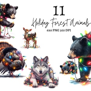 以下が含まれることがあります： クリスマスをテーマにした森の動物たちの水彩イラスト。クマ、シカ、オオカミ、七面鳥がカラフルなクリスマスライトで飾られています。画像には「11 Holiday Forest Animals 6x6 PNG 300 DPI」というテキストが含まれています。