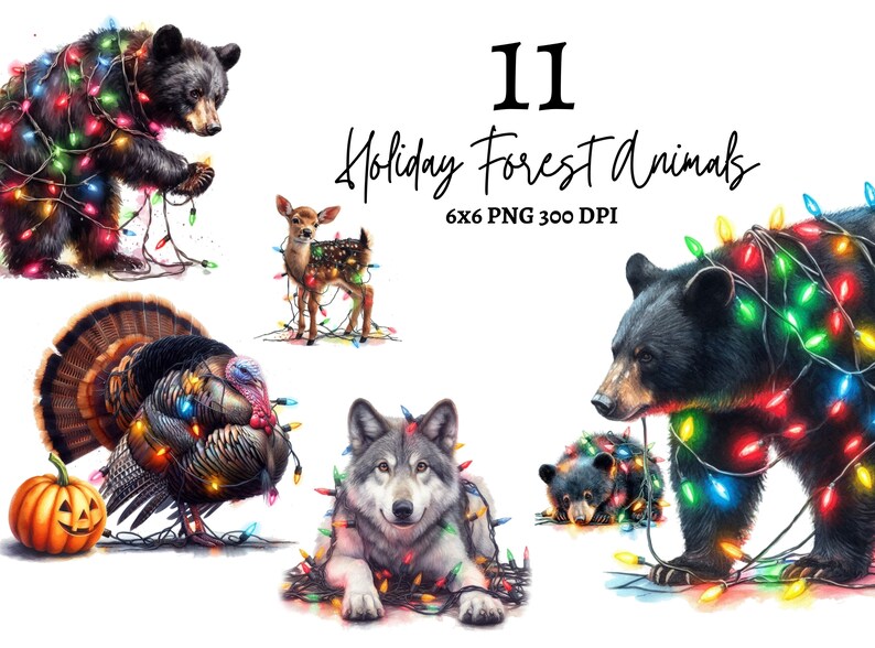 以下が含まれることがあります： クリスマスをテーマにした森の動物たちの水彩イラスト。クマ、シカ、オオカミ、七面鳥がカラフルなクリスマスライトで飾られています。画像には「11 Holiday Forest Animals 6x6 PNG 300 DPI」というテキストが含まれています。