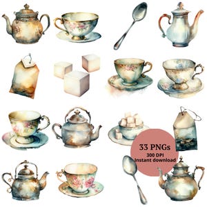 Impila le tue tazze da tè - Clipart di tè Cottagecore PNG / Teiere, tazze e cucchiai vintage acquerellati / Pacchetto Shabby Chic per design fai da te