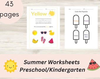 May include: A set of 43 printable summer worksheets for preschool and kindergarten. The worksheets feature a yellow color recognition activity and a color the popsicle activity.