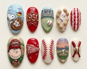 Retro Baseball Sports Press On Nails | 3D Peanuts & Ball Nail Art | Red White Blue Athlete Nails | Game Day Custom Nails
