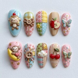 Kawaii Monkey Fruit Press On Nails, Cute 3D Nail Art, Pastel Patchwork Nails, Butterfly Cherry Nails, Handmade Acrylic Nails Set