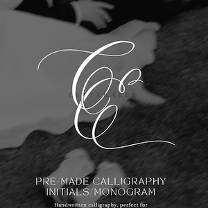 May include: Monochrome image featuring elegant white calligraphy initials and the word "LETTERALLY". Text below reads "PRE-MADE CALLIGRAPHY INITIALS/MONOGRAM" and "Handwritten calligraphy, perfect for invitations, stationery or keepsake."