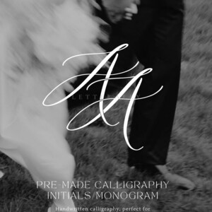 May include: Black and white image featuring a stylized monogram in white calligraphy. The word "LETTERALLY" is at the top, with "PRE-MADE CALLIGRAPHY INITIALS/MONOGRAM" below. The text "Handwritten calligraphy, perfect for invitations, stationery or keepsake" is at the bottom.