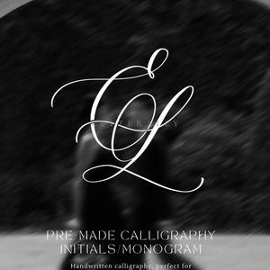 May include: Monochrome image featuring elegant white calligraphy of the letter "L" against a blurred background. The text "LETTERALLY" is at the top, with "PRE-MADE CALLIGRAPHY INITIALS/MONOGRAM" below. The bottom text reads "Handwritten calligraphy, perfect for invitations, stationery or keepsake."