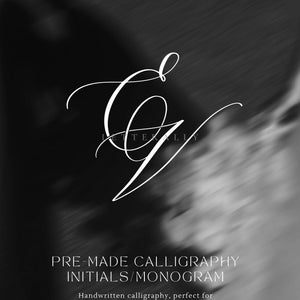 May include: A black and white image featuring the word "LETTERALLY" at the top. The image showcases a white, elegant calligraphy monogram with the text "PRE-MADE CALLIGRAPHY INITIALS/MONOGRAM" below. The bottom text reads "Handwritten calligraphy, perfect for invitations, stationery or keepsake."