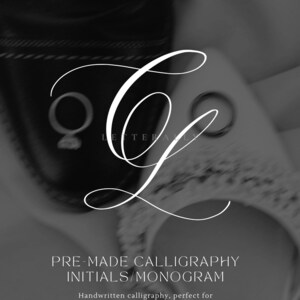 May include: Monochrome image featuring the word "LETTERALLY" at the top and a stylized white calligraphy initial "G". Below, text reads "PRE-MADE CALLIGRAPHY INITIALS/MONOGRAM". The bottom text states "Handwritten calligraphy, perfect for invitations, stationery or keepsake."